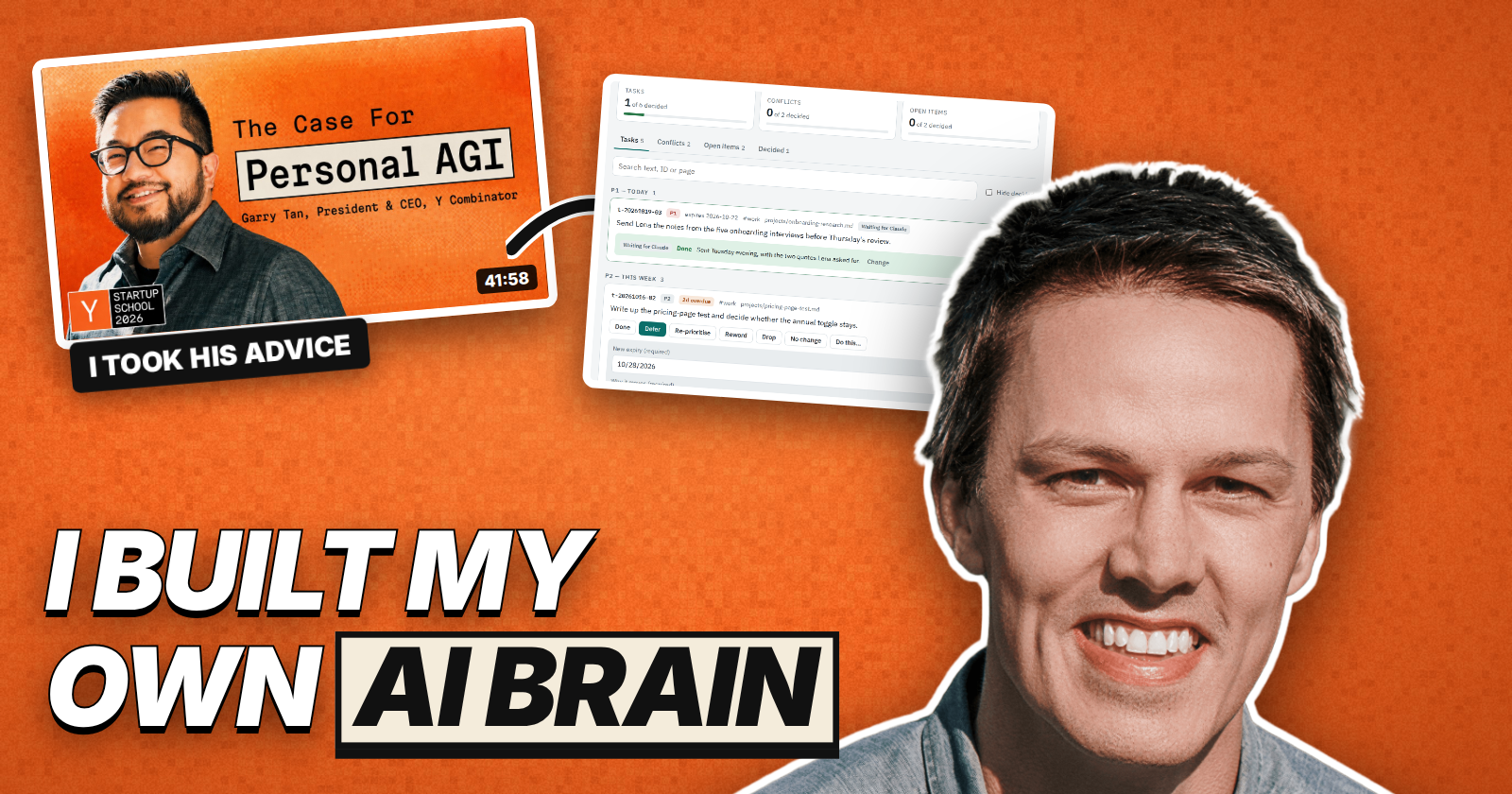 Brent beside the thumbnail of Garry Tan's Own Your Intelligence talk, under the line I built my own AI brain
