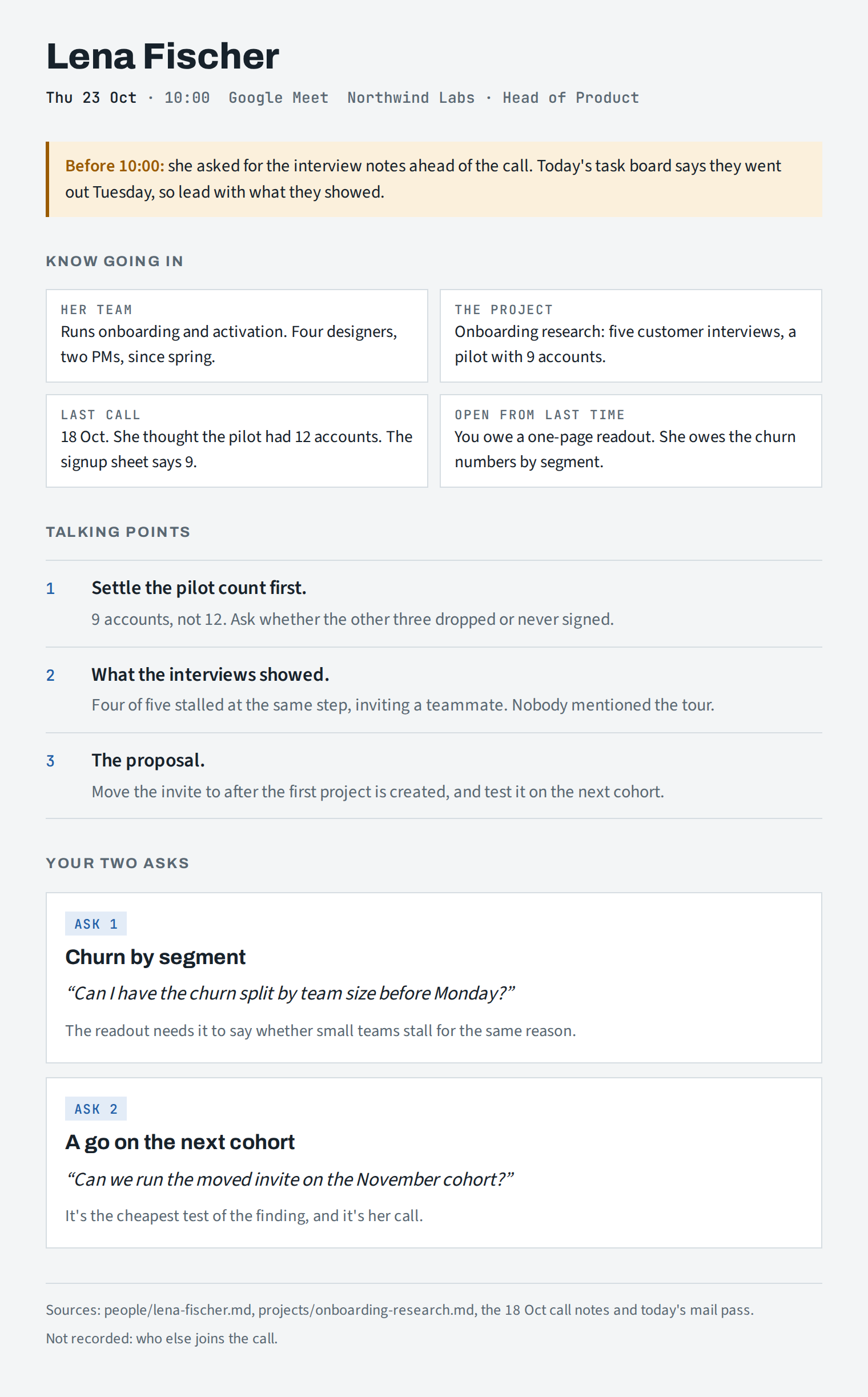 A one-page call prep card for an invented contact